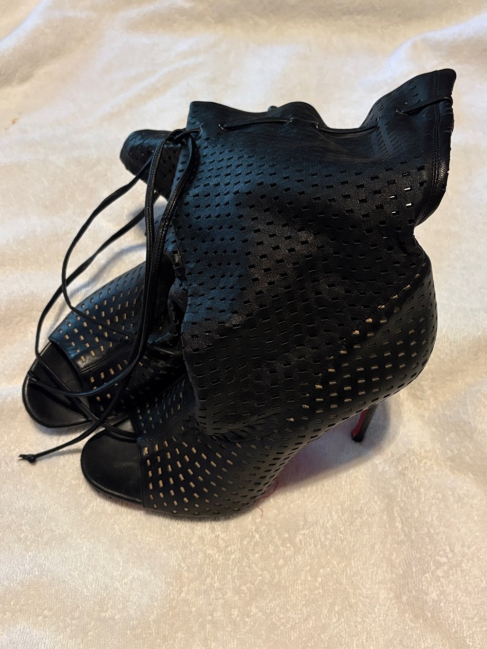 Christian Louboutin Black Perforated Lace-Up Peep-Toe Heeled Booties